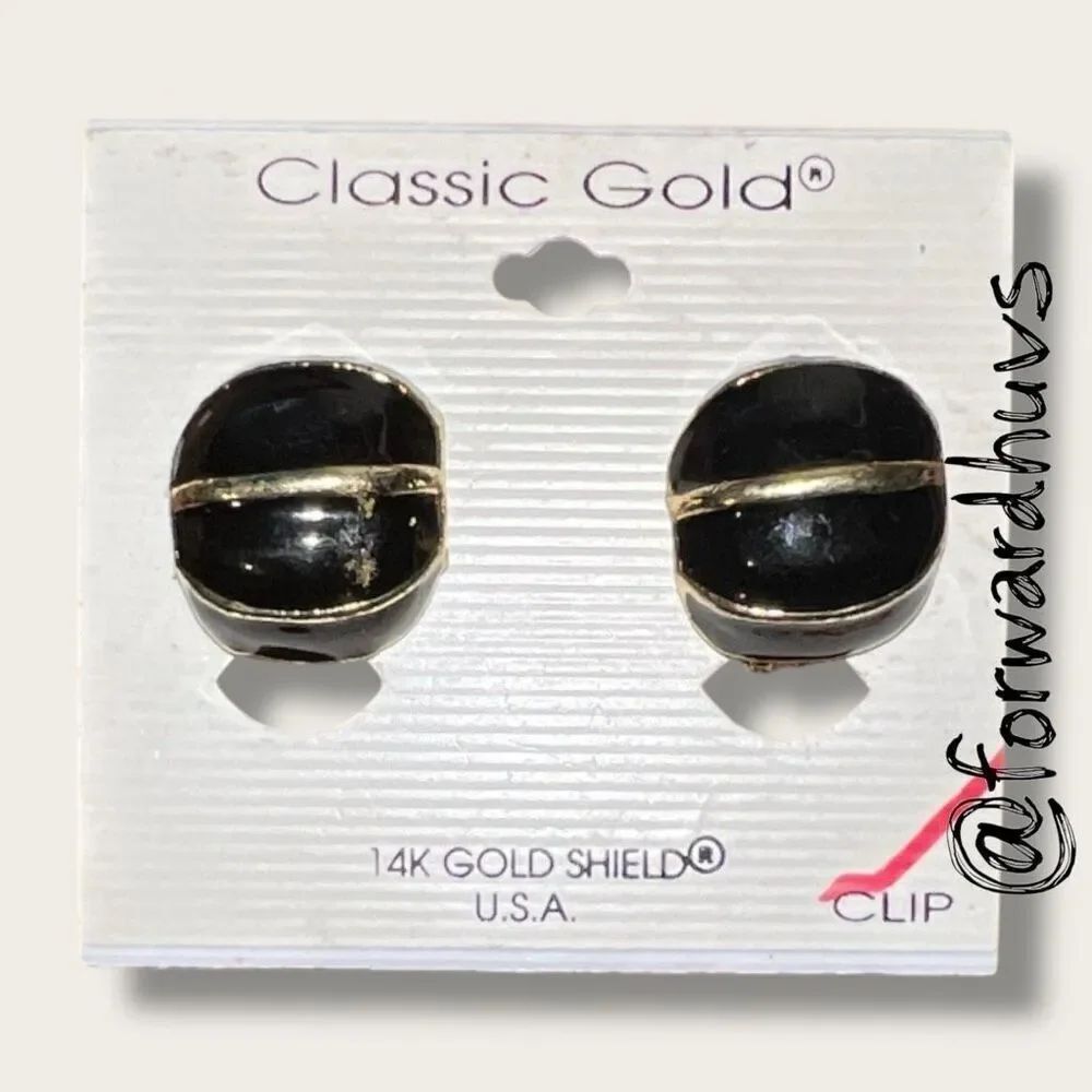 Vintage Classic Gold 14K Gold Shield Clip Earrings – Black & Gold